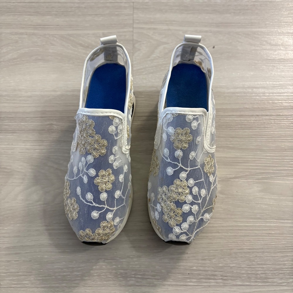 Floral Embroidered Mesh Shoe Women Slip On Platform Sneakers White Gold Bride 37